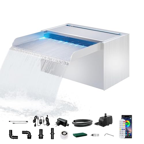 LONGRUN 23cm Teich-Wasserfall,304 Edelstahl Pool-Wasserfall mit Wasserpumpe,7 Farben Bluetooth LED Garten Brunnen