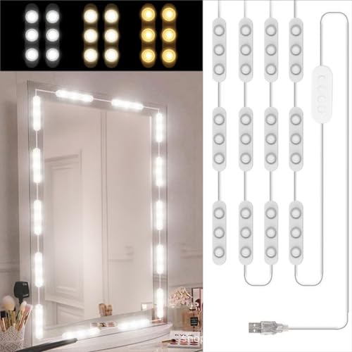 Litinliv 5M Spiegelleuchte mit 60 Leds, 3 Farben Dimmbar Spiegel Beleuchtung, Make Up Licht, Schminktisch Beleuchtung, LED Schminkspiegel Kit, Hollywood-Stil Schminklampe für Badzimmer Spiegel