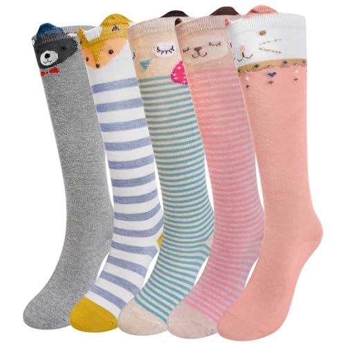 LOFIR Mädchen Kniestrümpfe Kinder Socken: Overknee Strümpfe Lang Gestreift Kindersocken Tier Baumwolle Socken Bunt Ringelsocken Lustige Ohne Naht Kniesocken Geschenk 7-9 Jahre Tier 31-34 5 Paar