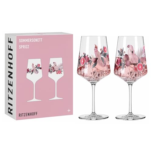 RITZENHOFF 6011003 Aperitifglas 500 ml - 2er Set - Serie Sommersonett - 2 Stück, Motiv Kakadu - Made in Germany, Rosa, Grau