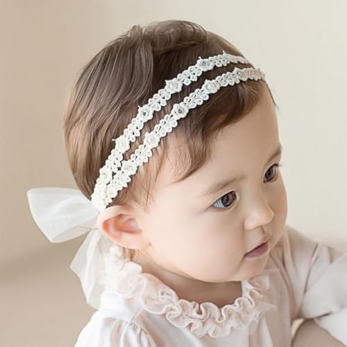 Baby Mädchen Stirnbänder Weiß Dehnbare Stirnband DoppelspitzeSpitzebowknot-Haarband Weich Baby Hairband Nylon Neugeboren Haarschmuck Babygeschenke für Neugeborene (Weiß-B, Verstellbares)