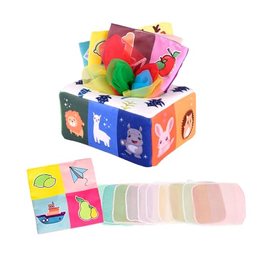 GFTCGK Eine Weiche Taschentuchbox,3Rasseln Und 10 Seidenschals, Tücherbox Baby, Montessori SpielzeugAb 6 Monate, Baby Tücherbox,Tissue Box SpielzeugBabyspielzeug Mit Knisterpapier