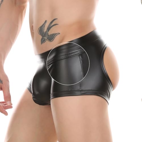 Pu Leder Boxershorts Erotische Shorts Wetlook Männer Ouvert Retroshorts Große Größen Hollow Out Unterwäsche mit Bulge Pouch Sissy Gay
