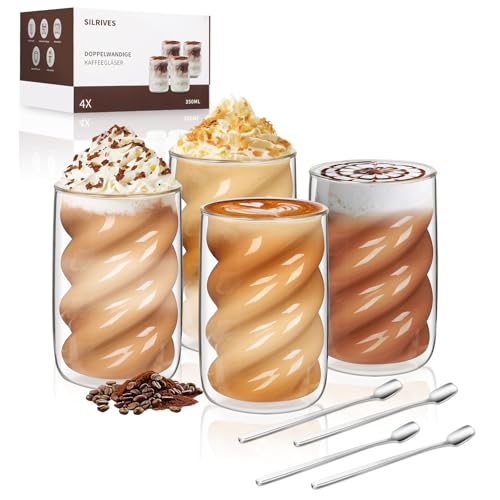 SILRIVES Latte Macchiato Gläser Doppelwandig 350ml 4er Set mit 4 Löffeln,Kaffeegläser aus Borosilikatglas,Isolierende Espressotassen, Cappuccino Gläser,Eiskaffee Gläser,Teegläser,Thermogläser