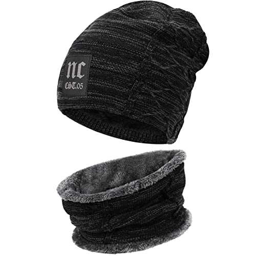 Bequemer Laden 2 Stücke Winter Beanie Mütze Schal Set Wolle Warme Strickmütze Dicke Fleecefutter Wintermütze & Schal für Herren und Damen, 2-Schwarz, Einheitsgröße