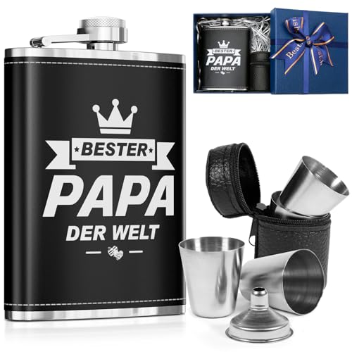 LILABIENE Flachmann Papa Geschenkset mit Gravur Bester Papa der Welt mit Becher Edelstahl Leder Schwarz Geburtstag Vatertag Weihachten 8oz/240ml