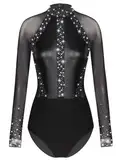 iEFiEL Turnanzug für Damen Langarm Gymnastikbody mit Strass Patchwork Metallic Tanzbody Ballett Trikotanzug Wettbewerb Leotards Schwarz M