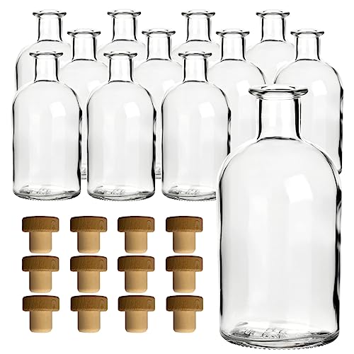 gouveo 12er Set Glasflaschen 250 ml Apotheker mit Korken (HGK) - Runde Flasche zum Befüllen - Leere Apothekerflasche für Likör, Öl, Essig (AFRT250HGK)