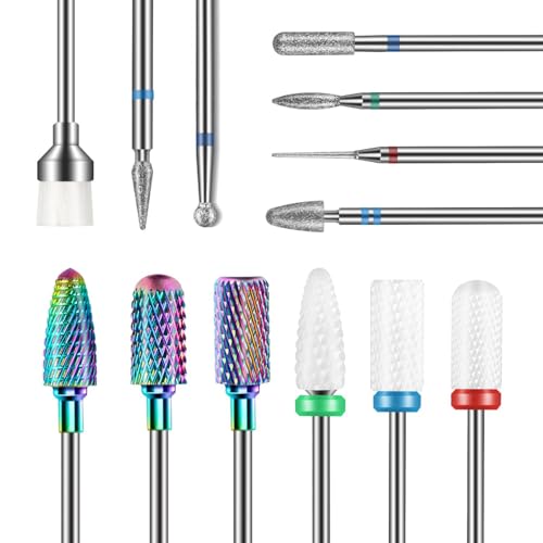Depvko 13PCS Nagelfräser Aufsätze Bits Set, 3/32" Professionelle Bits für Nagelfräser Nail Tech, Hartmetall Diamant Keramik Efile Nagel Bits mit Bürste, Nagelhautentferner Bits für Acryl Gel Maniküre