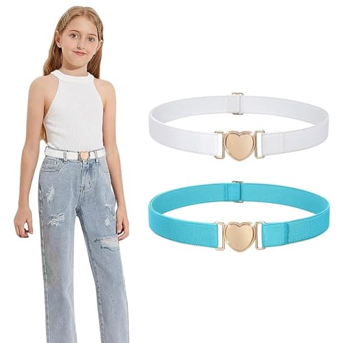 SXCCNW Gürtel Kinder, 2 Stück Elastische Gürtel für Mädchen, Herzform Gürtel Ohne Schnalle Verstellbare Elastische Gürtel für Kleider Jeans Hose Uniform Weiß & Himmelblau