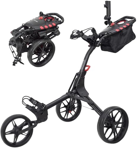 Newfly Golftrolley mit 3 Rädern, Ultraleicht, zusammenklappbar, mit Fußbremse, einfach zu öffnen und zu schließen, Golfwagen, mit Schirmhalter und Aufbewahrungstasche, Rot (Black)