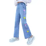 Rolanko Mädchen Jean Hosen Loch Denim Blau Jeans, Vintage Hose mit Weitem Bein für Kinder Fit, Blue Color Fly, Größe: 140