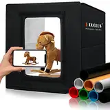 DUCLUS Fotobox zum Fotografieren, 30x30 cm Photobox zum Produktfotografie, Faltbare Mini Fotostudio Set mit Dimmbare 112 LEDs, 8 Glänzende Hintergründe für Lichtzelt zum Schmuck Kleine Gegenstände