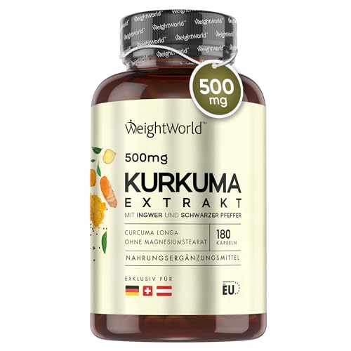 Kurkuma Extrakt Kapseln - 500mg Kurkuma Extrakt mit 95% Curcumin - 180 Stück für 6 Monate - Curcuma mit Ingwer & schwarzem Pfeffer (Piperin) für hohe Bioverfügbarkeit - Curcumin Kapseln - WeightWorld