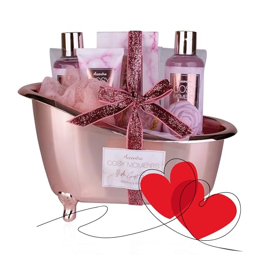 Accentra - COSY MOMENTS Bade- & Duschset in rosé - Geschenk Set zur Entspannung für Frauen zum Geburtstag oder Valentinstag - 7-Teiliges Wellness Geschenk- & Pflegeset mit Mini Deko-Badewanne