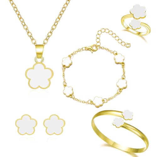 FDEETY Schmuck Set Glückliches Fünfblättriges Kleeblatt Legierung Schmuckset 5 Pcs Ring Ohrringe Armbänder Halskette ideal für Geschenke Besondere Anlässe und Frauen(Weiß)