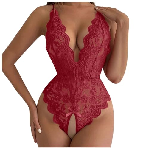 SRZYMJ Dessous-Sets Für Damen, Desusse Für Frauen Sexy Dessous Set FüR Damen Freches Unterwäsche Babydoll Mit Offenem Frontverschluss V-Ausschnitt Und G-String Wein XL