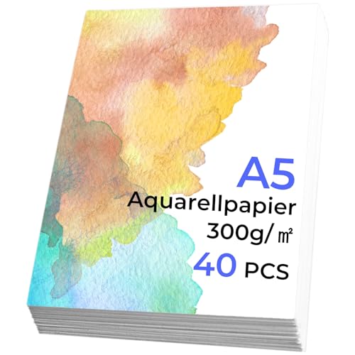 LUFEEMGA 40 Blatt A5 300g/m² Aquarellpapier, Aquarellblock Watercolor Paper, Postkarten Blanko Weiß für Aquarell Gouache Acryl Zeichnen DIY, Studenten, Anfänger, Skizzenbuch Aquarell (14,8x21 cm)