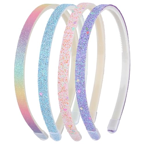 WLLHYF 4 Stück Glitzer-Haarband, Buntes Haar-Accessoire Kunststoff Glitzernd Niedlich Rutschfest Dick Glitzernd Konfetti Regenbogen-Haarbänder mit Zähnen für Kleine Mädchen