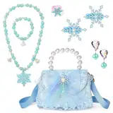 Handtasche Schmuckset für Mädchen, Schneeflocke Kinder Tasche Snowflake Halskette Armband Ring Ohrring Blau Haarspangen ELSA Kinderschmuck Set für Mädchen Rollenspiel Geburtstag Geschenk Party