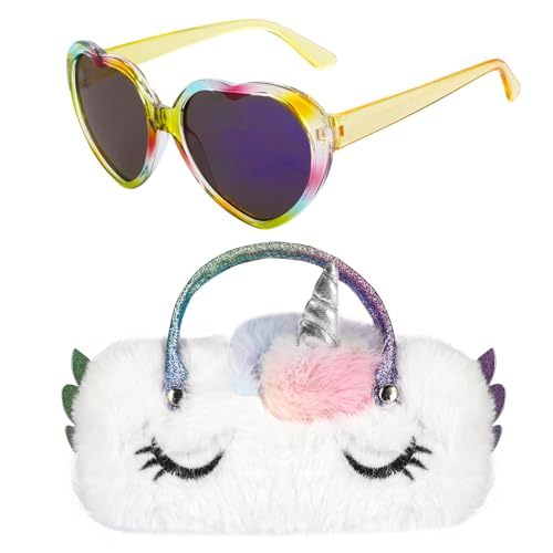 BTHRORO Brillenetui Kinder mit Sonnenbrille Mädchen, Plüsch Einhorn Sonnenbrillenetui mit Griffen Brillenhülle, Regenbogen UV-Schut Sonnenbrille Partybrillen Sonnenbrille für Kinder Mädchen Junge