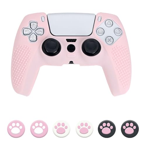 LEEQBCR Pink Paw Controller Skin Grip Set, 1 Stück rutschfeste Silikon-Schutzhülle + 6 Stück Joystick-Abdeckung für Wireless Controller-Zubehör-Set