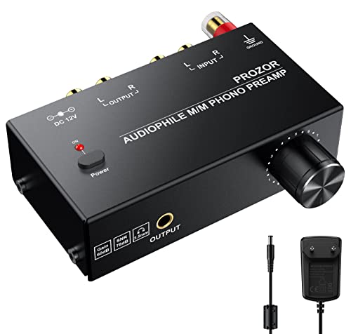 PROZOR Vorverstärker für Plattenspieler Audiophiler M/M Phono Vorverstärker mit Niveau Kontrollen RCA Eingang & Ausgang Schnittstellen inkl. 12V 1A Netzadapter -Schwarz