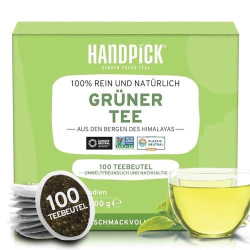 HANDPICK, Grüner Tee Beutel (100 Teebeutel) Glutenfrei & Reiner Grüntee | Runde Grün Tee Beutel, Kein Kleber, Kein Bleichmittel, Keine Schnüre | Heißer/Kombucha Tee Oder Kalter Aufbrühen | Green Tea