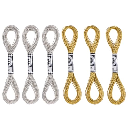 6 Stück Stickgarn, 8m Metallische Stickgarne Glitzernd Polyestergarn Kreuzstichgarn für Stickbilder, Freundschaftsarmbänder, DIY Handwerk (Gold, Silber)