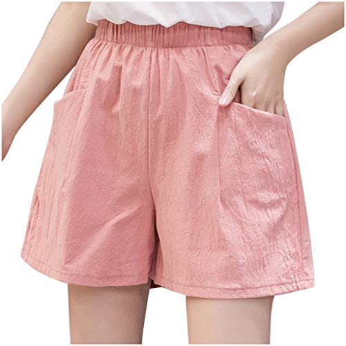 Shorts Damen Sommer Linen Musselin Kurze Hose Damen mit Zwei Taschen Casual Stretch Weite Solid Color Elegant Gerades Bein Sporthose Stoffhose Gummiband Strandhose Leichte Leinenshort