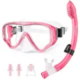 UPhitnis Schnorchelset Kinder - Taucherbrille Anti-Fog und Trocken Schnorchel - Anti-Leck Tauchmaske Dry Schnorchel - Schnorcheln Set für Jungen Mädchen - Rosa, Blau, Schwarz, Gelb