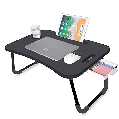 unycos - Betttablett Klappbar, Frühstückstablett mit Griff und Getränkehalter, Serviertisch, Ideal für Lesen und Arbeiten, Auch als Lapdesk Verwendbar 60x40x26 cm (Neues Schwarz mit Schublade)