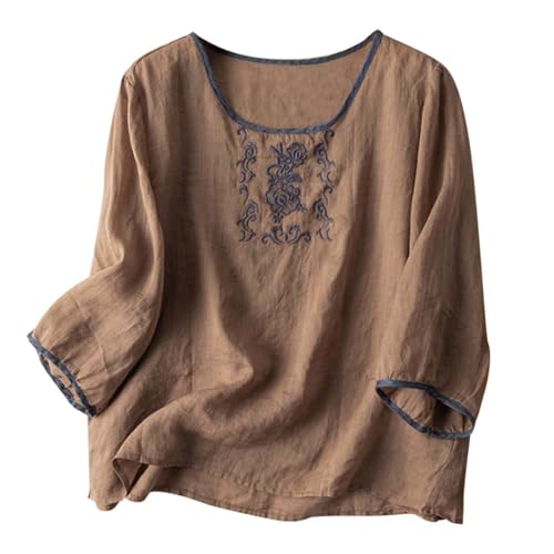 Bluse aus Baumwolle und Leinen, kurzärmlig, für Damen, Blusen, locker, Rundhalsausschnitt, Tunika, Sommer, Boho, Folklore, Vintage, Stickerei, Top, locker, atmungsaktiv, T-Shirt, große Größe, günstig,