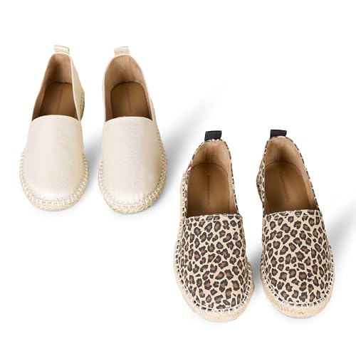 Amazon Essentials Damen Flache Espadrille, 2er-Pack, Gold Leopardenmuster, 43 EU