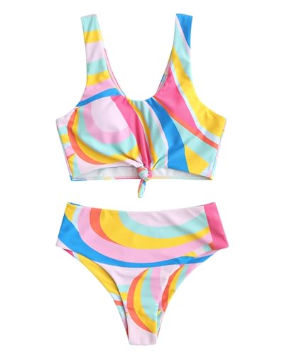 ZAFUL Bunt Drucken Bindesaum Hoch tailliert Tankini-Set Gepolstert Zwei Stück Badeanzug-Badebekleidung für Damen (7-Mehrfarbig,M)