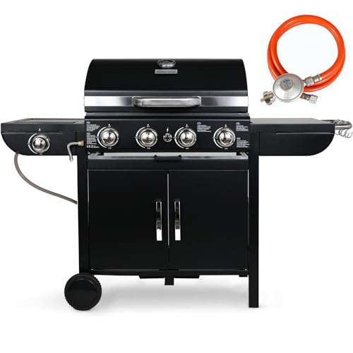 4+1 Brenner Gasgrill, Gasgrill Master mit Seitenkochfeld, BBQ Grillwagen Gas, Hochleistungsbrenner, Impulszünd, mit Thermometer, Große Grillfläche, Grillküche, Standgrill, 4*/2.93KW + 2.33KW