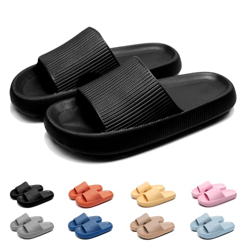 Geweo Badeschuhe Hausschuhe Herren Cozislides Original Damen Pillow Cloud Slippers Sommer Rutschfeste Dicker Sohle Weich Wolken Pantoletten Unisex Garten Dusche Strand Slides Sandalen Schwarz EU 46-47