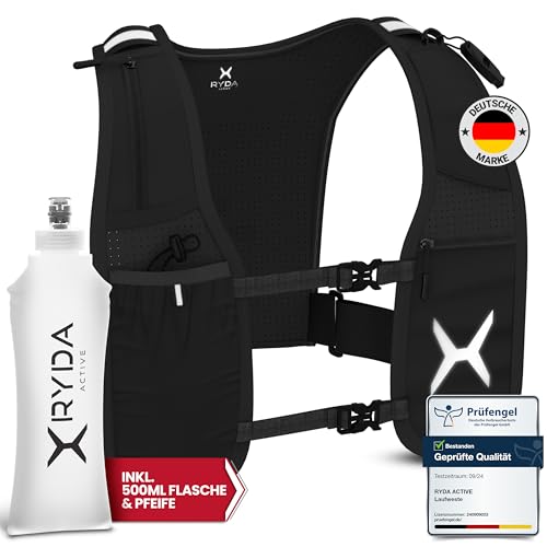 RYDA ACTIVE® Laufweste Damen & Herren | universell anpassbare und ultraleichte Laufweste mit Trinkflasche | reflektierende Running Vest I Trinkrucksack zum Laufen | Laufrucksack | Laufweste Herren