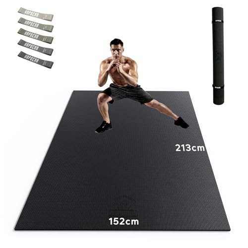 HAPBEAR Extra Groß Breit Sportmatte Fitnessmatte Rutschfest-Yogamatte XXL 213cm x 152cm x 8mm Dicke, Hoher Dichte Ultra Haltbar PVC, Gymnastikmatte mit Fitnessbänder, Schuhfreundlic