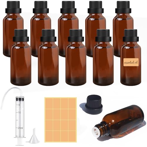 Furuising 10 Stück 50ml Tropfflasche, Braunglasflasche, Wiederverwendbar Glasflaschen, Braune Flaschen mit 20ml Spritze, Trichter, Etikett für Ätherische Öle Parfüm Körperöl