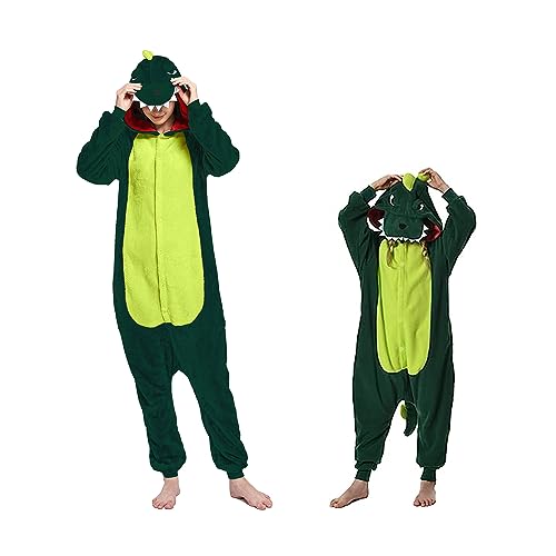 Udekit Erwachsene Kinder Dinosaurier Fleece Pyjama Jumpsuit Kapuze Strampler Halloween Weihnachten Party Carnival Cosplay Kostüm Unisex