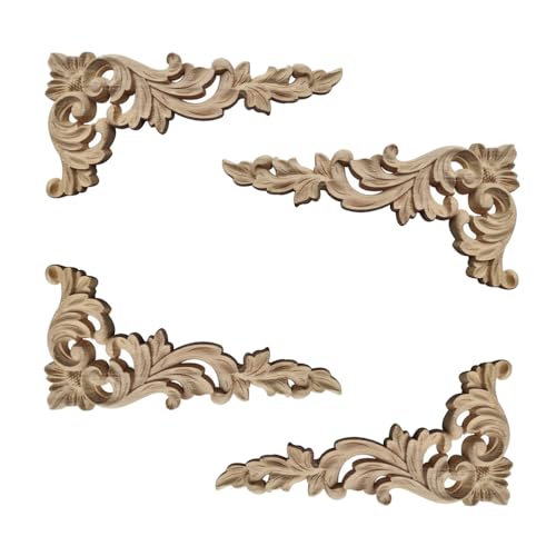 Vasemele 4 Stück Holz Geschnitzt Corner Holzornamente für Möbel Schrank Wand Ecke deko Ornamente für Möbel Holz Geschnitzte Möbel Appliques Holzschnitzerei Applique Ornamente Holz Ecke, LE0334