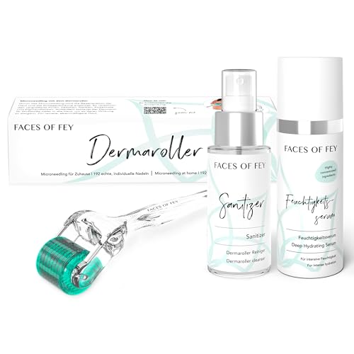 Microneedling Set FACES OF FEY - 192 ECHTE NADELN- mit Dermaroller, Hyaluron Serum und Sanitizer - Nadelroller 0,5 mm für Gesicht & Körper - straffung & Modellierung