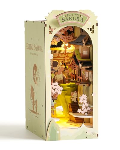 Rolife Book Nook Kit Buchstützen DIY Miniatur Haus 3D Puzzles Holz Book Nook Diorama Modelbau für Erwachsene Modellbausatz Weihnachten Geburtstag Geschenke (Fallende Sakura)