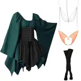 Ulikey Damen Mittelalter Kleid, Traditionelles Irisches Kleid Kostüm für Damen, Gothic Kleid Damen, Renaissance Elfen Kostüm mit Elfenohren, Haarschmuck, Overknee Socken für Karneval Kostüm Cosplay