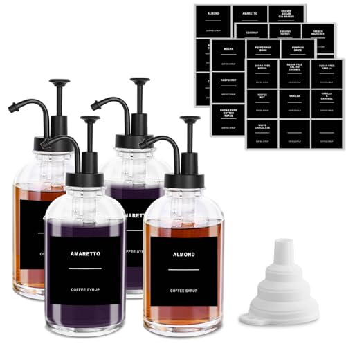 sunal Kaffee Sirup Spender Glas Set,500ml/16,9 oz Sirup Spender,4er Pack Schwarz Sirup Pump Spender Flasche,Honig Spender mit 36 wasserdichten Etiketten und 1 Silikon Trichter für Küche Kaffee Bar