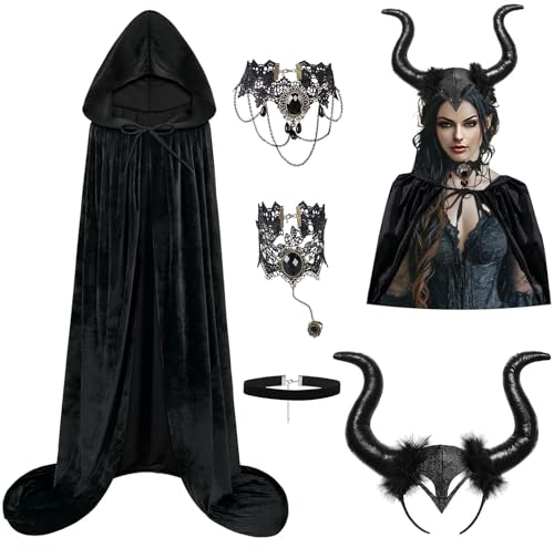 GEEKEO Halloween Kostüm Damen Haarband mit Dämonenhorn, Böse Königin Kostüm Halloween Umhang mit Kapuze, Retro Halskette Armband Teufel Cosplay Set für Karneval Maskerade