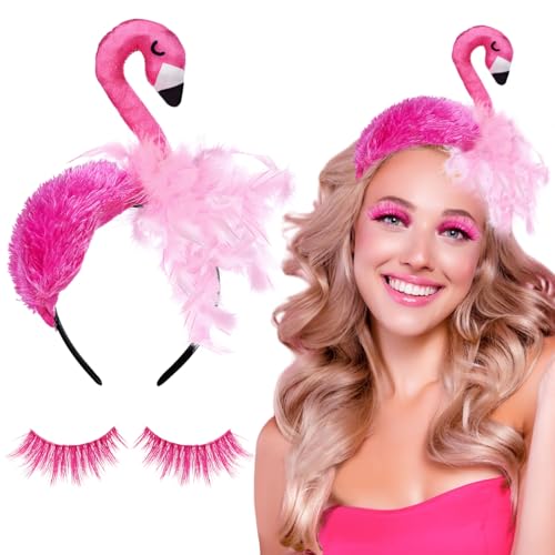 QIMMU Flamingo Haarreif,Haarreif Flamingo,Flamingo Haarreif Damen,Stirnband Flamingo mit Künstliche Wimpern Rosa,für Karneval,Fasching,Mottoparty