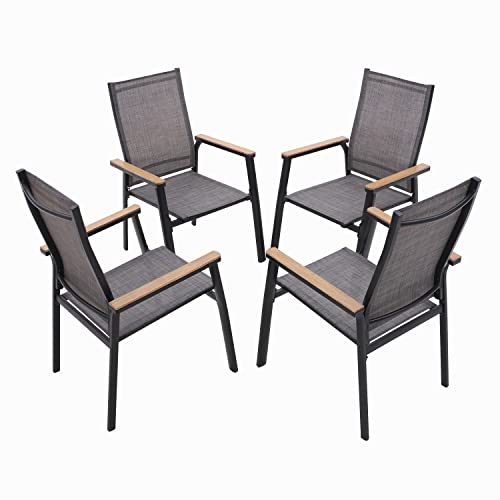 MFSTUDIO Gartenstuhl 4er Set Aluminium, Textilene Balkon Stühle Stapelbar mit Handlauf mit Holzmaserung, Outdoor Sessel für Terrasse, Balkon, Veranda, Wetterfest