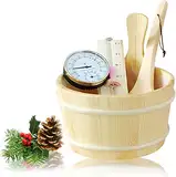 Sauna Eimer, 4L 5-teilig Sauna Komplett Set Sauna Eimer mit Kelle aus Hochwertigem Finnischen Kiefern Holz Sauna Zubehör Saunakübel Aufgusseimer (Sauna Eimer+Kelle+Thermometer Hygrometer+Sanduhr)